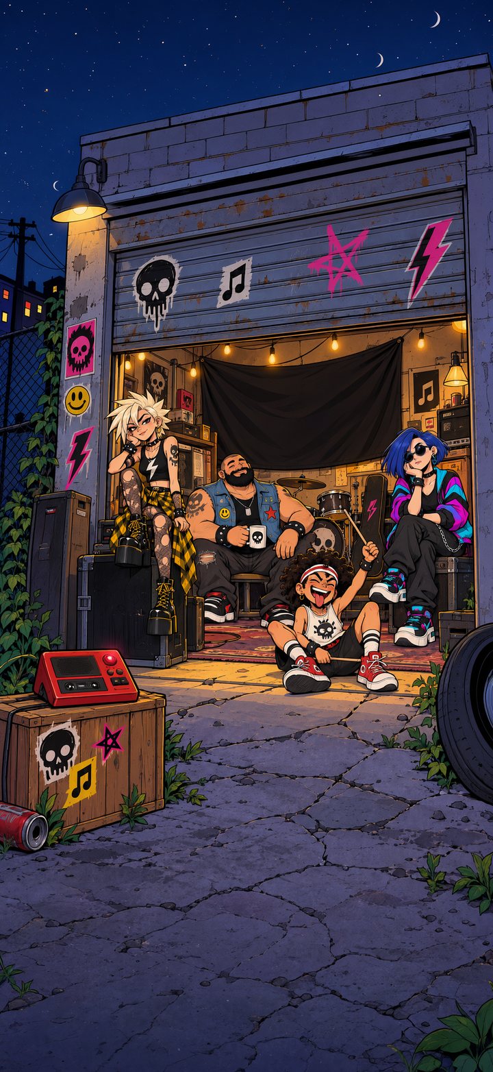 A punk band hanging out in front of a garage