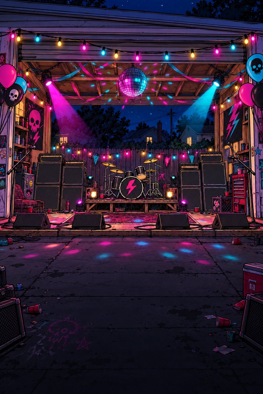 The garage stage with lights and amps